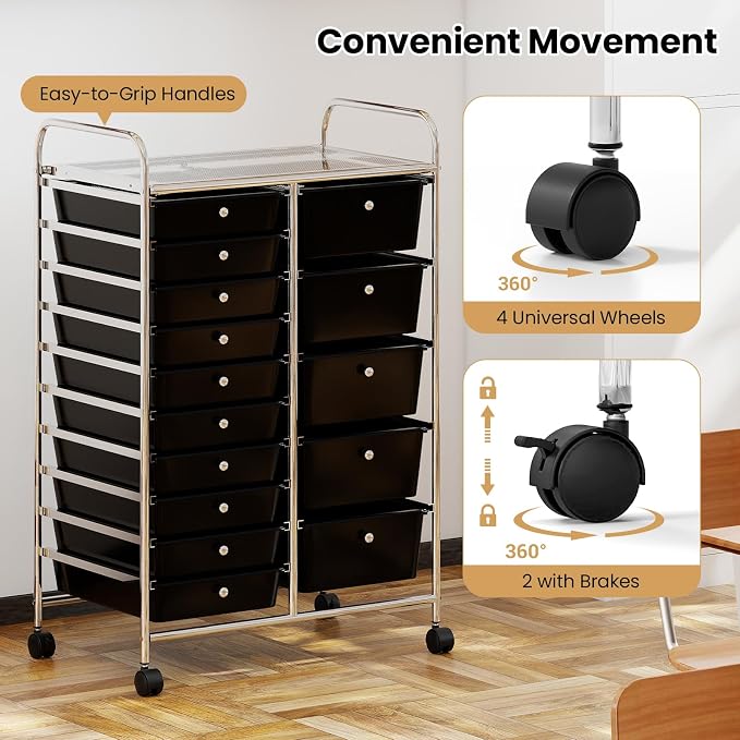 Giantex 15 Drawer Rolling Cart with Drawers, Storage Organizer Cart for Classroom Office School Teacher, Mobile Drawer Cart for Tools, Crafts, Small Printer, Black