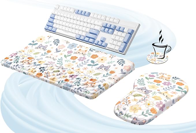 Ospelelf Keyboard Wrist Rest and Mouse Pad Set, Ergonomic Memory Foam Wrist Support, Aesthetic Desk Accessories for Office, Home & Gaming, Relief for Carpal Tunnel & Wrist Pain,Floral Cat