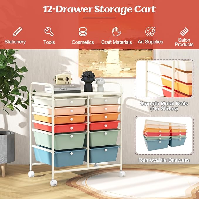 12 Drawer Rolling Storage Cart, Craft Cart Organizer on Wheels w/Metal Frame, Large Capacity & Smooth Drawer, Rolling Cart w/Drawers for Classroom, Office