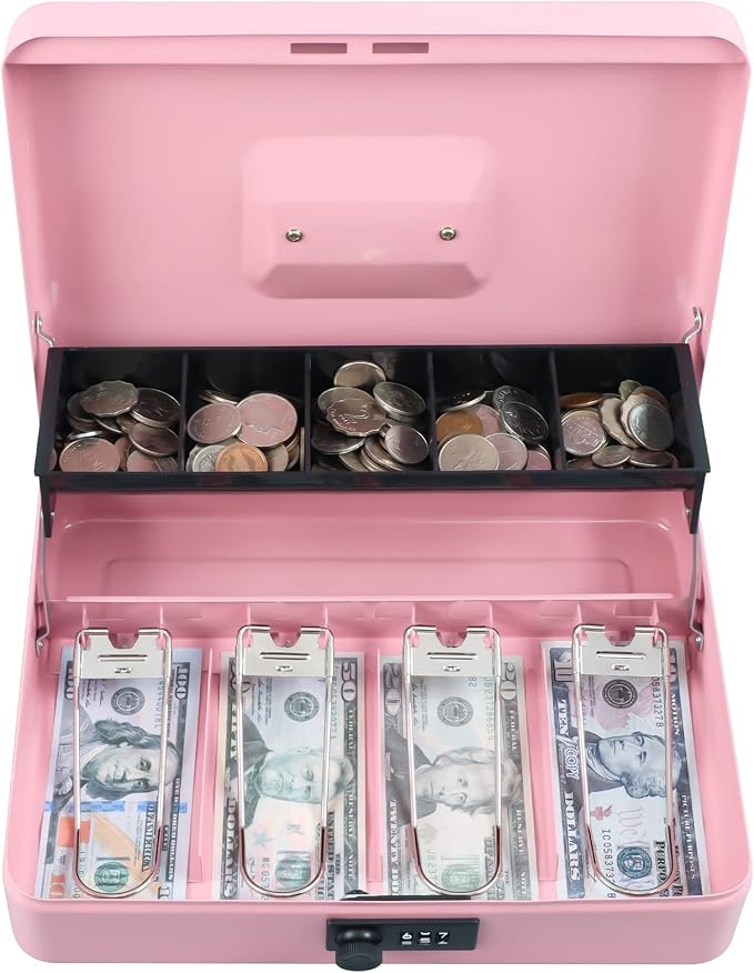 xydled Cash Box with Money Tray and Combination Lock,Tiered, Cantilever Design,4 Bill / 5 Coin Slots,11.8" x 9.5" x 3.5",Pink