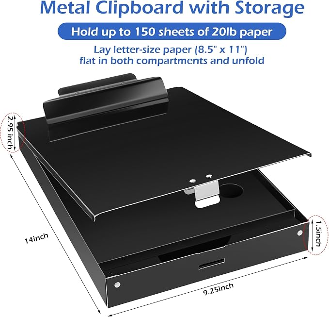 2 Pieces Metal Storage Clipboard Letter Size Heavy Duty Aluminum Clip Board 14'' x 9.06'' x 2.95'' Contractor Clipboard Dual Storage Form Holder Paper Holder with High Capacity Clip
