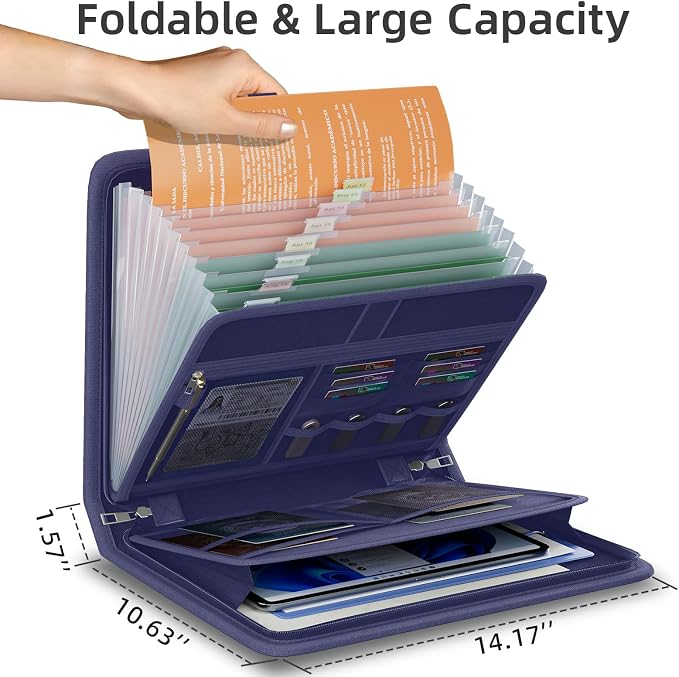Fireproof Accordion File Organizer, Expanding File Folder with 13 Pockets | Portable Document Organizer with Waterproof Zipper & Labels, File Organizer for Important Document/Paper Storage, Blue
