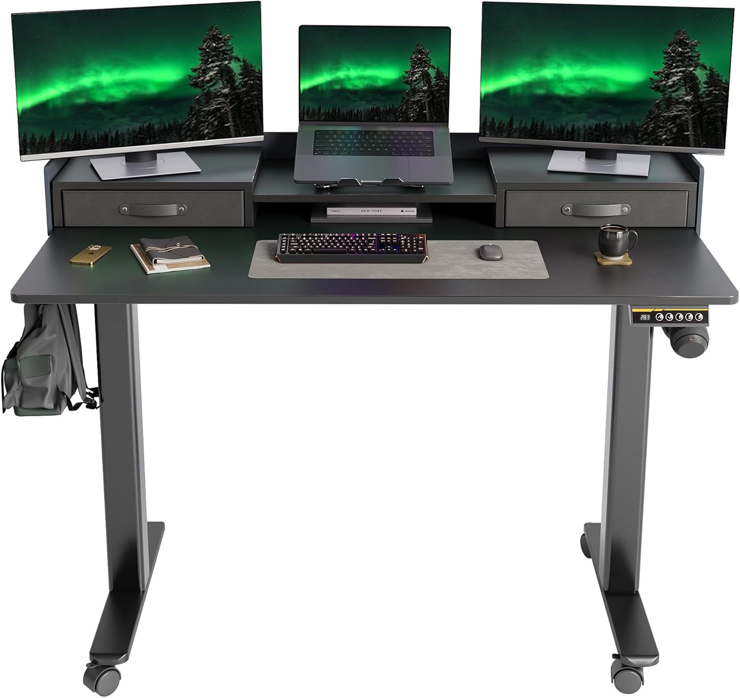 YDN Standing Desk with Drawers, 55 Inch Standing Desk Adjustable Height, Adjustable Electric Stand Up Sit Stand Small Desks with Storage and Shelf, Black