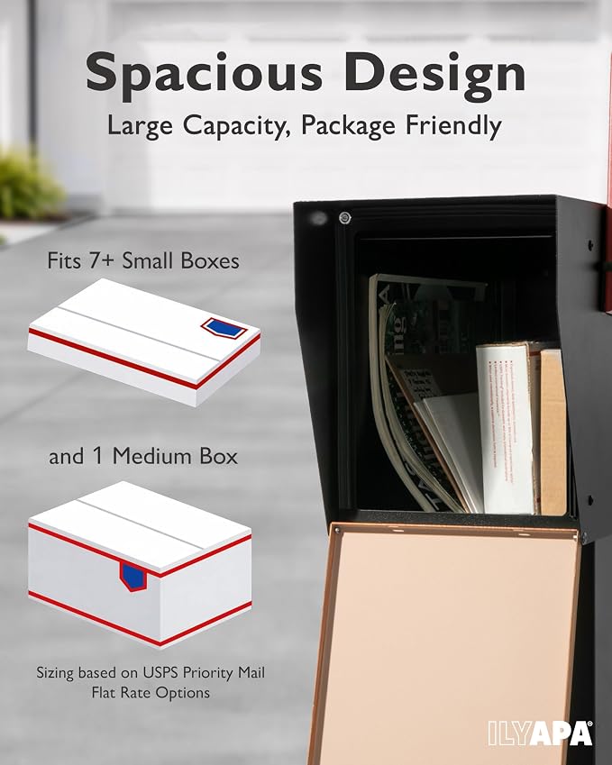Ilyapa Black Modern Mailbox Post Mount Mailboxes for Outside- Powder Coated Steel Metal Mail Box with Rear Door, Outdoor All Weather & Corrosion Resistant, Stainless Steel Hinges & Magnetic Door