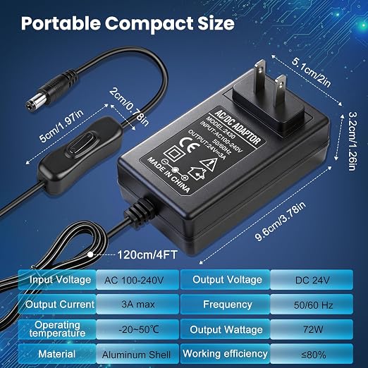 24V 3A Power Supply 72W, 24 Volt DC Power Adapter with On/Off Switch, 110V AC to 24V Transformer Plug with 5.5x2.1mm DC Female Connector for LED Strip Lights, Black