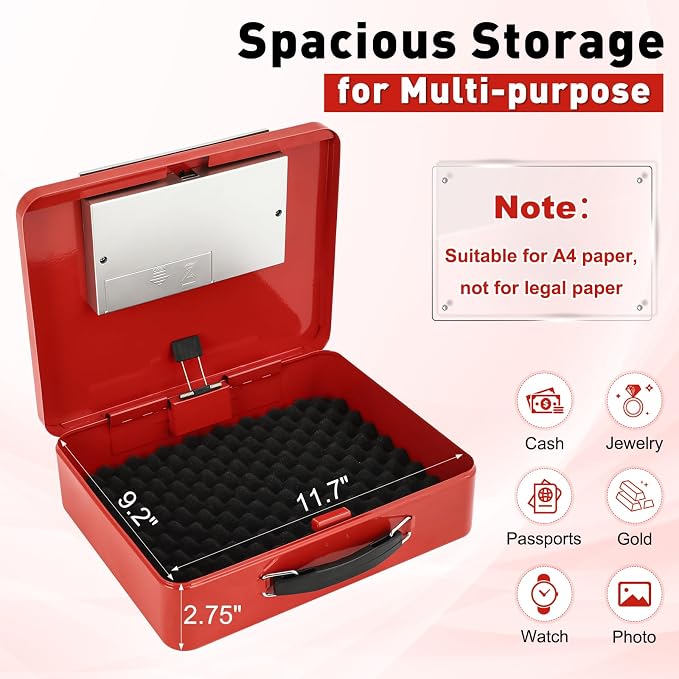 KYODOLED Red Safe Box with Digital Keypad Lock, Lock Box with Code for Personal Items, Metal Security Box for Cash, Passport, Jewelry, Ideal for Home, Office, Garage Sale, 11.8'' x 9.4'' x 3.5''