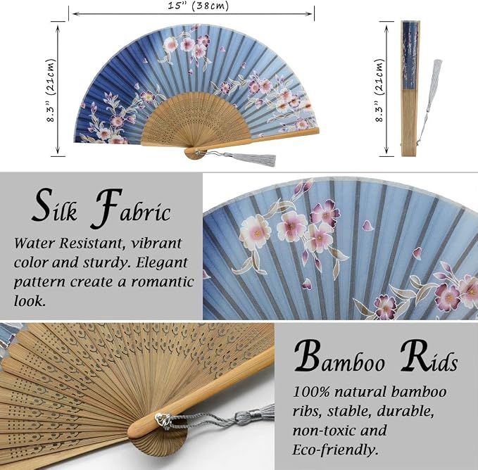OMyTea Folding Hand Fan for Women - Foldable Chinese Japanese Vintage Bamboo Silk Fan - for Hot Flash, Church, Decoration, EDM, Music Festival, Dance, Party, Performance, Gift (Gray Redbud)