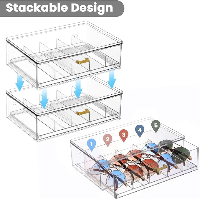 LALOBLUE Clear Acrylic Sunglasses Organizer, Stackable Eyeglass Storage Case with Gold Handles, Glasses Display Holder