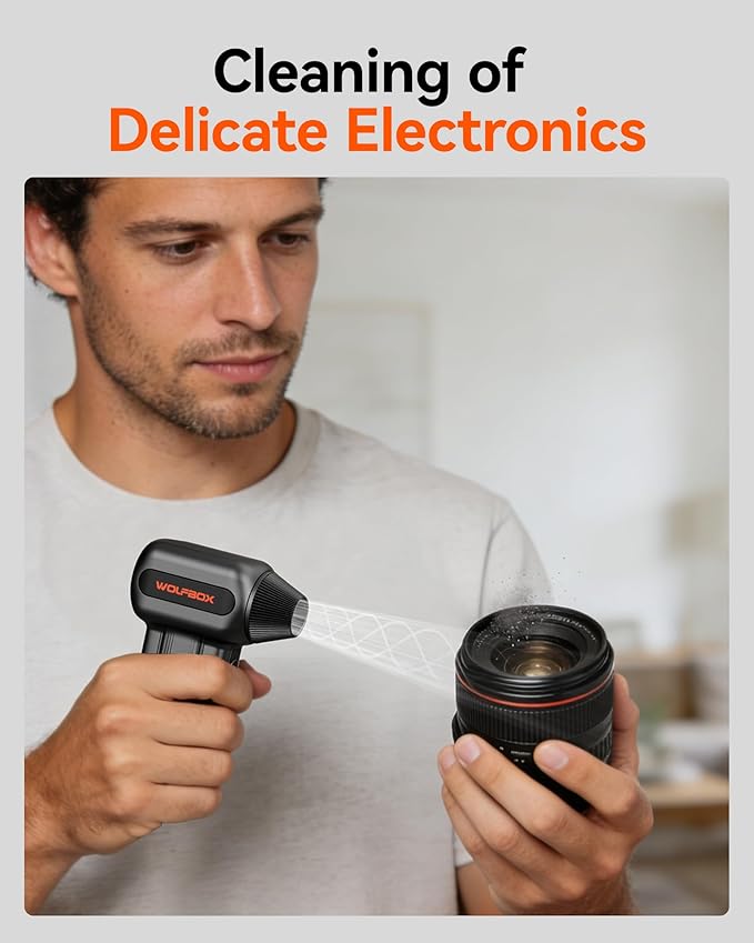 WOLFBOX MF60 Compressed Air Duster-110000RPM Super Power Electric Air Duster, 3-Speed Adjustable Rechargeable Cordless Air Blower with Fast Charging for PC Keyboard Cleaning, Car, Home, 5 Nozzle