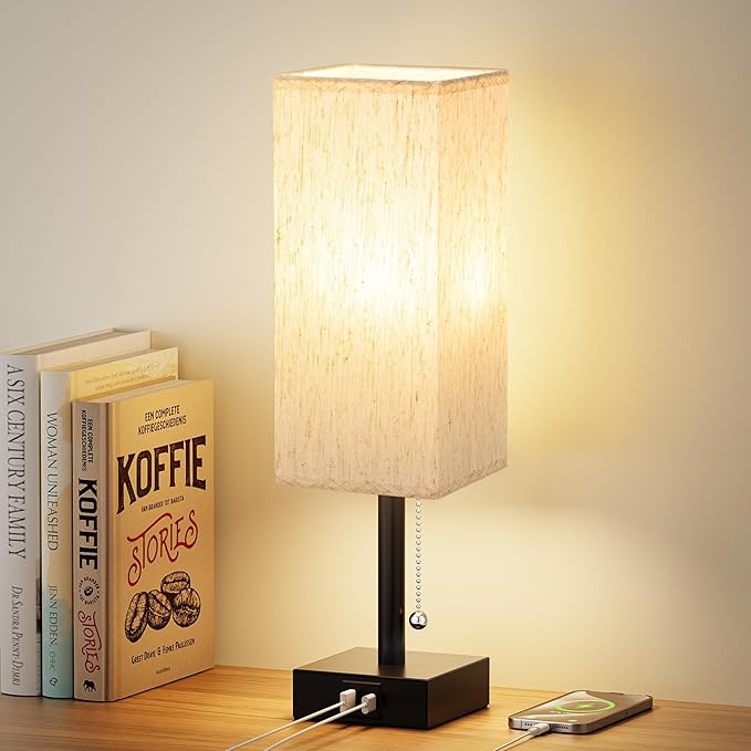 aooshine Pull Chain Small Table Lamp - 3 Color Temperature Bedside Lamp for Bedroom with USB Port, Minimalist Nightstand Lamp with Black Base, Desk Lamp for Kids Room Dorm, Bulb Included | Pull Chain Switch, LED Bulb Included, Cream Fabric Shade, 14.7"...