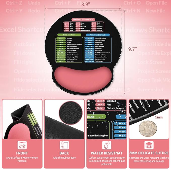 KONVINIT Ergonomic Mouse Pad with Wrist Rest, Small Excel Cheat Sheet Desk Pad with Windows & Office & Excel Shortcuts, Non-Slip Rubber Base Mouse Pads for Desk with Smooth Surface, Black Pink