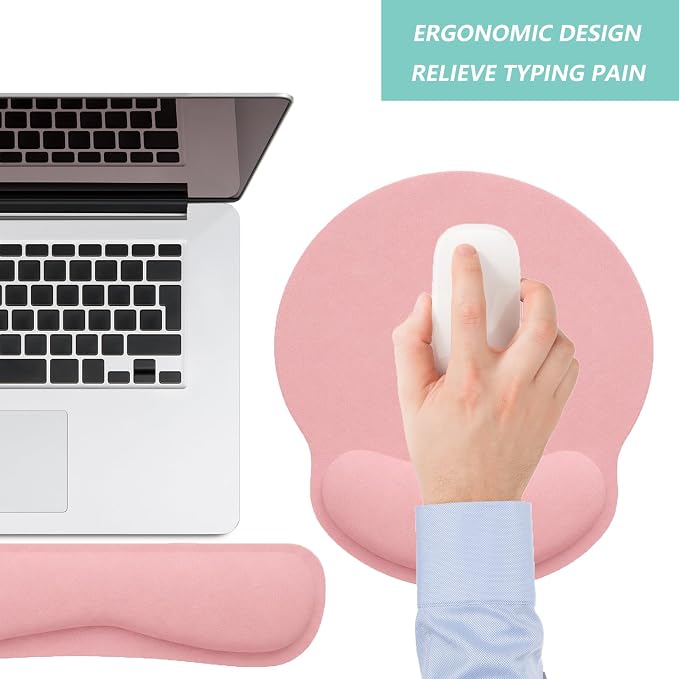 Keyboard Wrist Rest Pad Mouse Pad with Wrist Support Set of 3, Mousepad with Non-Slip Rubber Base, Ergonomic Memory Foam Mouse Wrist Cushion Support for Home Office Laptop Computer, Pink