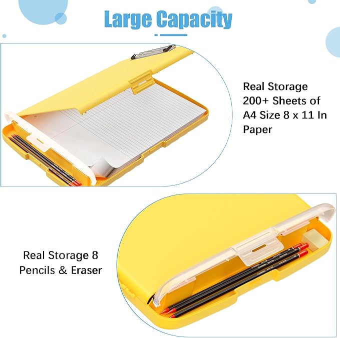 Hongri Clipboard with Storage with Pencil Case, 8.5 x 11 Storage Clip Board | High Capacity Organization Box for A4 Letter Legal Paper, Heavy Duty Folio & Side-Opening for Nurses, Teachers, Yellow