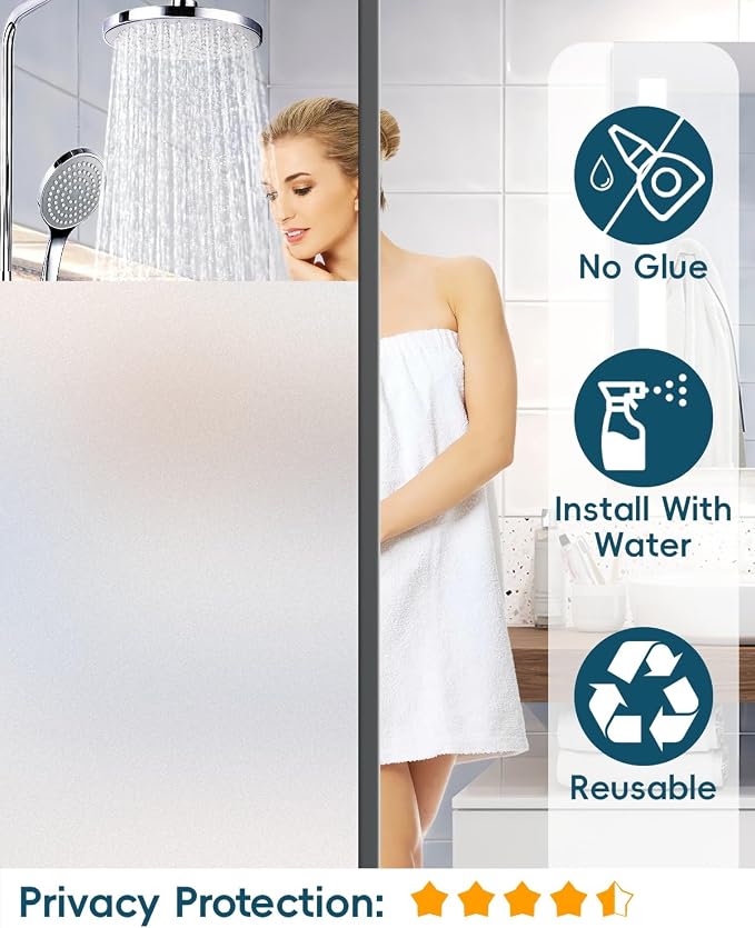 Dwersty Frosted Glass Window Privacy Film Decorative, Bathroom Window Tint for Home Glass Windows Cover, Static Cling, Removable, Reusable, Anti-UV, Anti-Glare, Heat Blocking, 17.5 by 78.74 inch