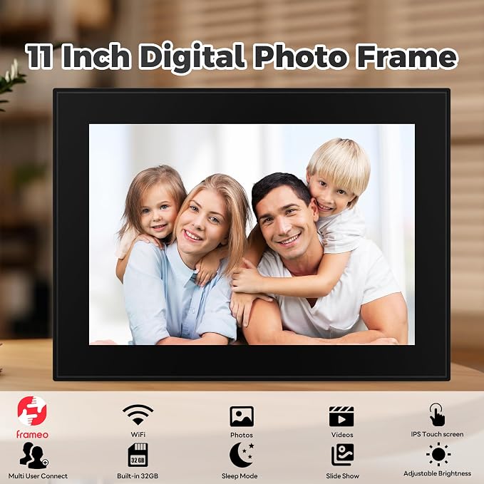 Frameo 11 Inch WiFi Digital Picture Frame with 64GB Memory, Touch Screen & Auto Rotate | Instant Photo/Video Sharing via App, 1920x1280 HD Display, SD Card/USB/WiFi 6 Upload, Gi-ft for Family