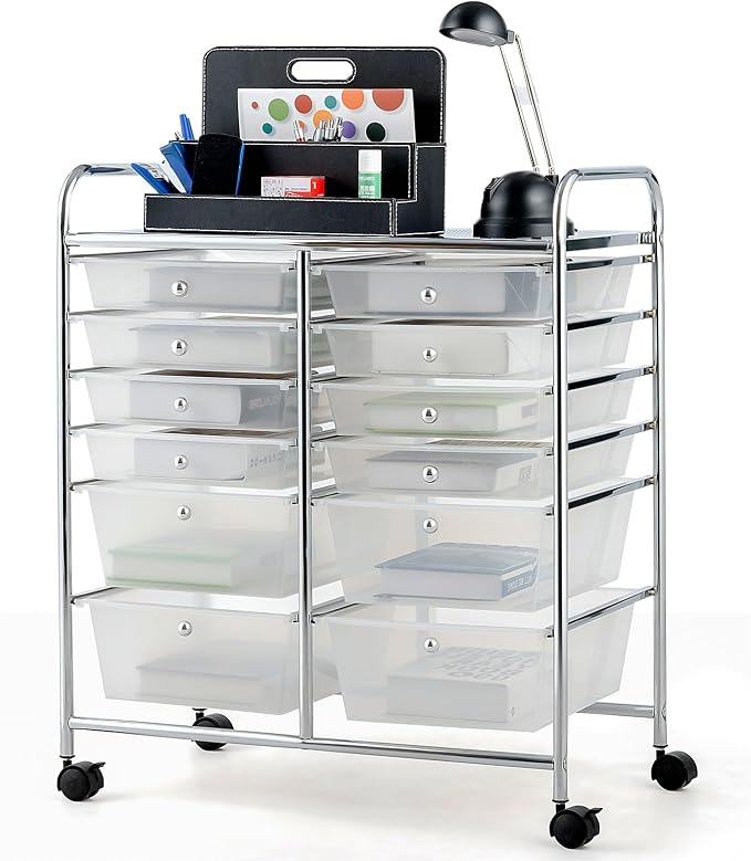 BECOMFORT 12-Drawer Rolling Cart with Drawers, Storage Cart on Wheels, Teacher Classroom Organizers with Metal Frame, Mobile Craft Cart, Trolley Utility Cart for School Office Play Room