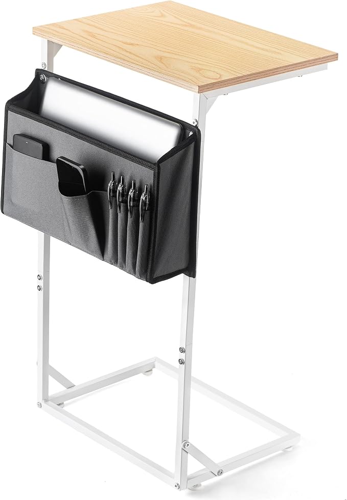 C Shaped End Table for Couch, Small Side Table for Living Room & Bedroom, Slide Under Sofa Table for Laptop, Coffee, Snacks, Easy Assembly, Modern Design