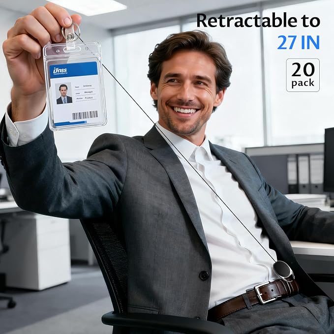 20 Pack Badge Reels Retractable with Carabiner Reel Clip | ID Badge Holder Bulk Card Key Holder with Ring, Sturdy Black Keychain Extender for Office Work Employee