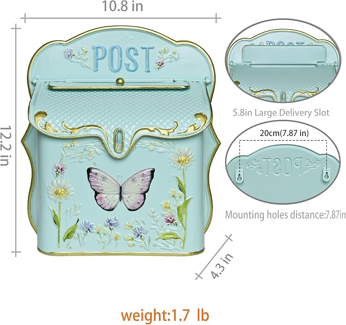 Mailbox Wall Mount Mailboxes for Outside Vintage Mail Boxes for House Outside Metal Drop Box Antique Style Nostalgic Charm Home Decorative Butterfly Green