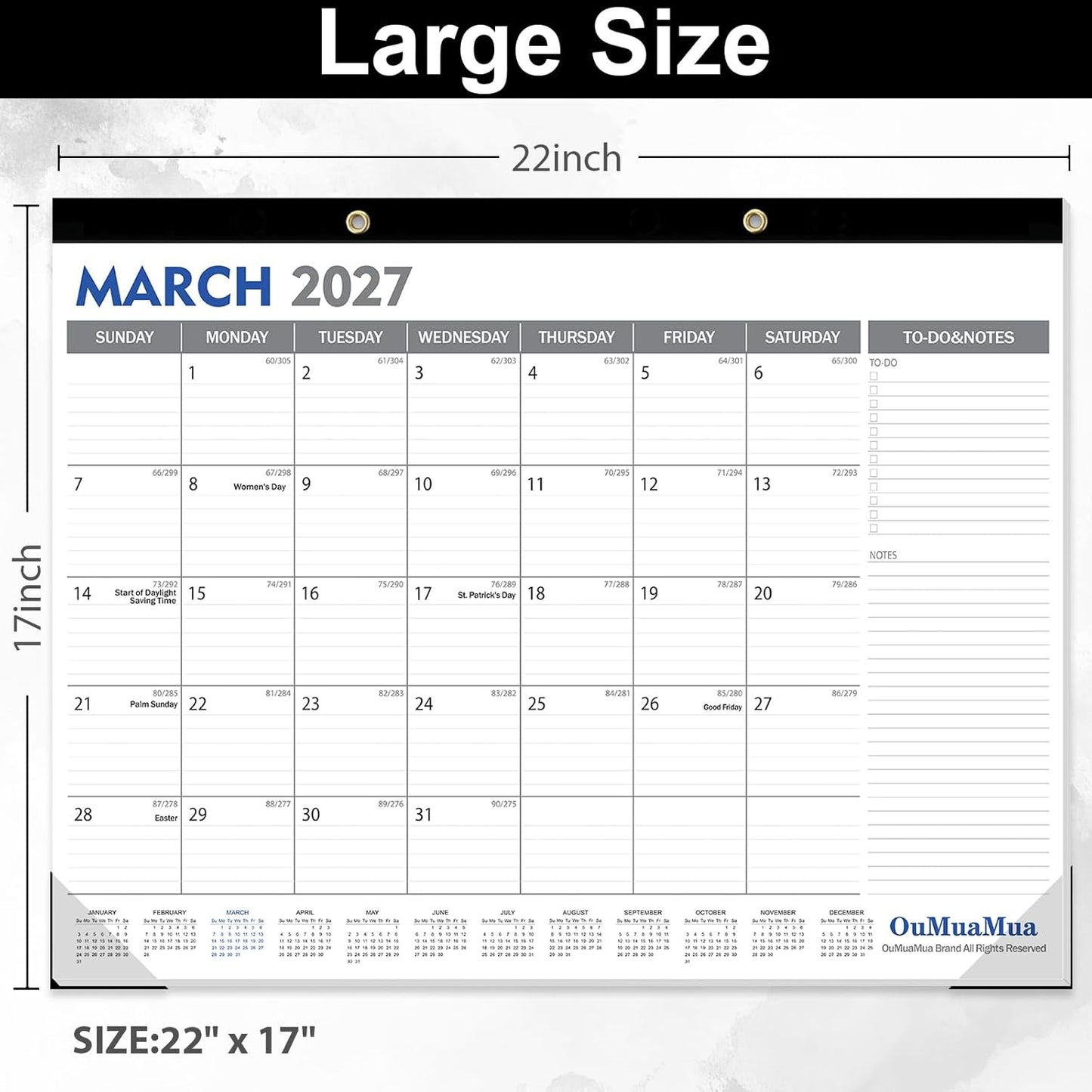 OuMuaMua Large Desk Calendar 2026-19 Months from Sep. 2025 through Mar. 2027, 22 x 17 Inches Desktop Wall Calendar with Julian Date To-do & Notes, Corner Protectors for School Home Office