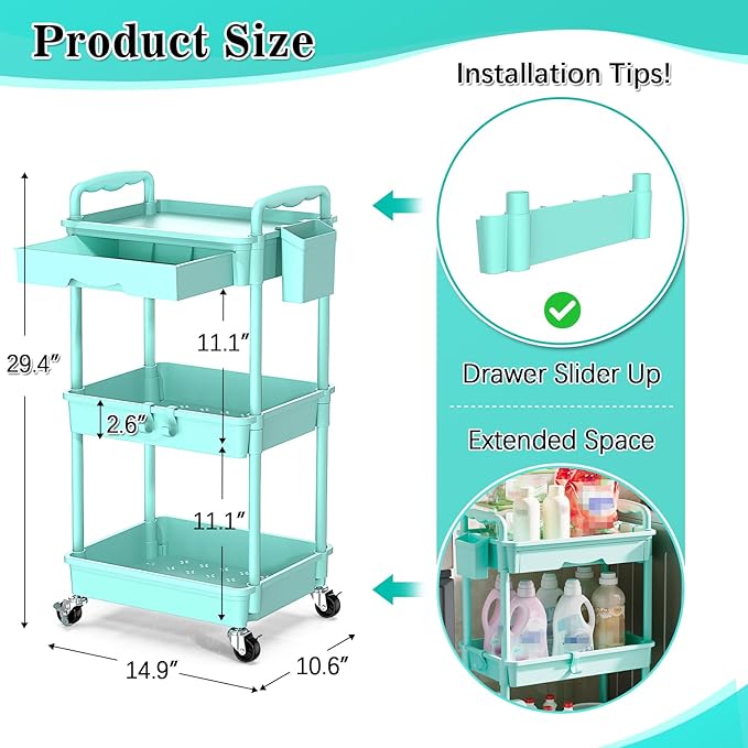 SUNALLY 3 Tier Rolling Cart with Drawer, Craft Storage Cart Organizer, Blue | Bathroom Storage Organizer with 2 Lockable Wheels, Rolling Utility Cart for Kitchen, Office, Baby, Makeup, Nail,Snack,Laundry