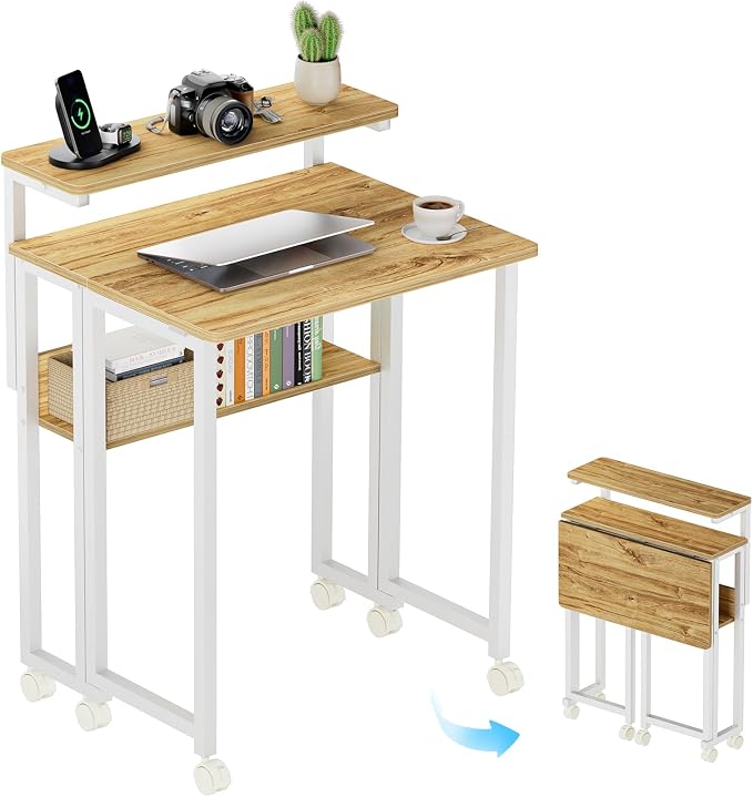 GreenForest Folding Desk with Adjustable Monitor Stand, 24.8 in Small Desk | Storage Shelf, Lockable Wheels, Portable, Space Saving, Mobile Rolling Table for Small Spaces, Home Office, Writing, Oak