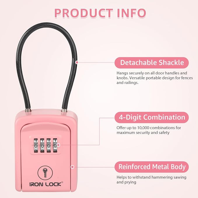 Iron Lock® Key Lock Box with Code, Portable Cable Shackle (Small, Pink) | Holds 2-3 house keys or an access card; 11-in steel cable loops on gate or rail; weather-resistant; no app or battery