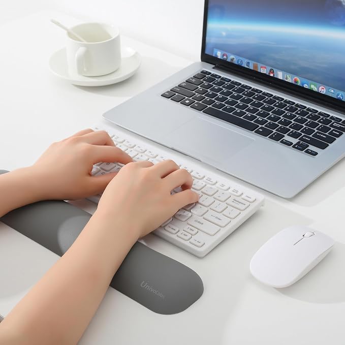 UnivoColors Design-Medium Wave Keyboard Wrist Rest of Medium, Artificial Sheepskin+Memory Foam+Ergonomic+Anti-Slip Gel, Resilience Support During Work and Gaming,Keyboard Accessory,Grey