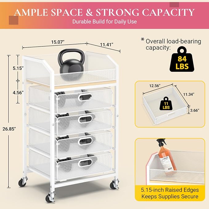 Goovilla Rolling Makeup Organizer Cart with Drawers, 5 Tier Metal, White | Floor Skincare Vanity Organizers with Lockable Wheels, Make Up Storage Cart for Cosmetics Display, Nail Polish, Perfume