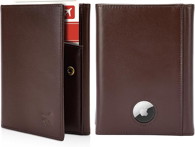 Polare Napa Leather Pilot Wallet Passport Holder RFID Blocking Tri-fold Travel Cover Document Organizer for Aviation Professionals (Coffee with AirTag Slot)