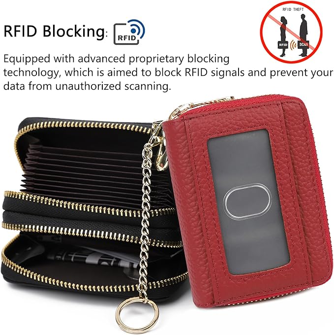 imeetu RFID Credit Card Holder, Small Card Wallet Women, Leather Card Case | Genuine Leather Women's Card & id Cases, Change Coin Purse with Zipper Keychain id Window, 20 Colors & 3 Styles, Daily, Gifts