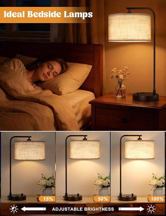 Innqoo Grey Tall Lamp for Bedroom with USB Port and Outlet, Dimmable Nightstand Bedside Lamps with Linen Lampshade, Desk Lamp for Home Office, Living Room, Guest Room, LED Bulb Included