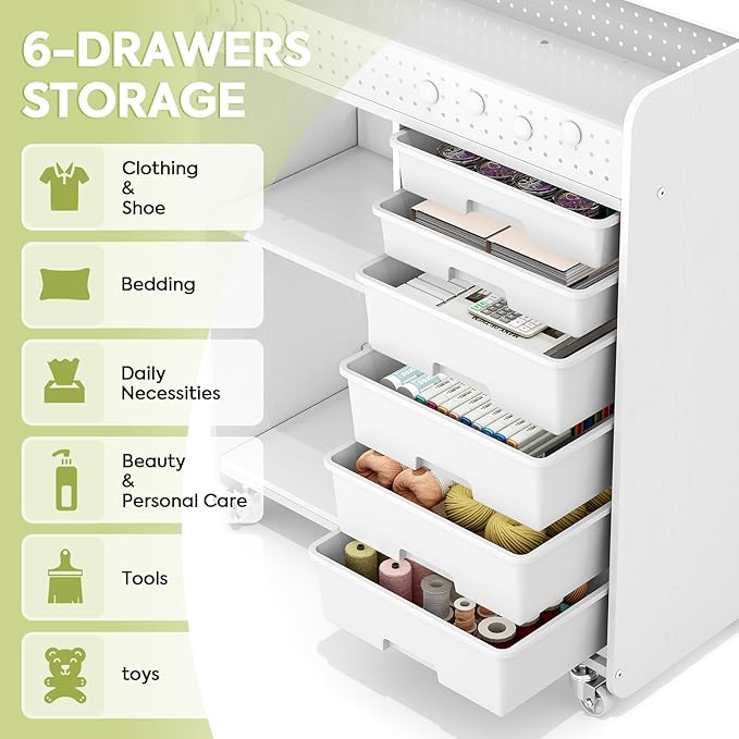 Rolling Craft Cart with 6 Drawers, Pegboard and Locking Wheels White | Ample multi-zone storage, 2 open shelves, art cart for classrooms, homeschool and offices, sturdy wood-metal frame