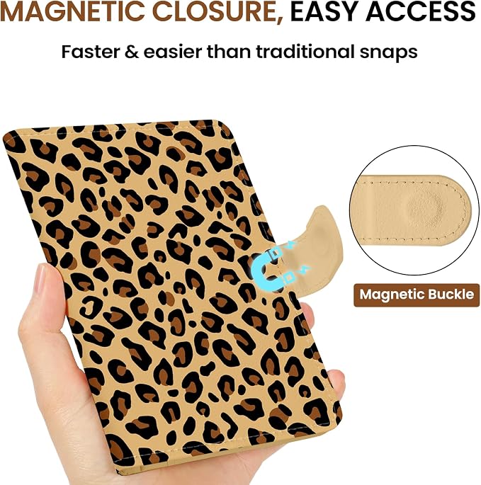 Passport Holder for Travel Essentials, RFID Blocking Leather Cover Wallet with Magnetic Closure, Aesthetic & Cute Passport Book Case for Women and Men - Leopard