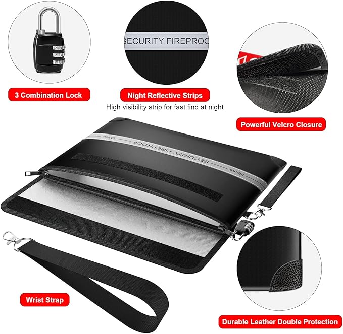 COLCASE Fireproof Document Bag 5200℉ Heat Insulated Waterproof Fireproof | Silicone Coated Fiberglass Fireproof Bag wih Lock 15x11 inches Zipper Bag Black