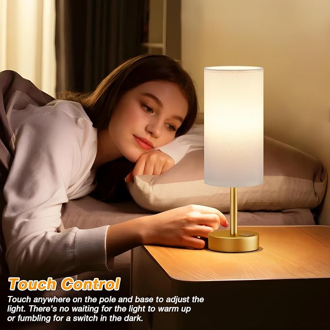 Dicoool Bedside Table Lamp for Bedroom - 3-Way Dimmable Touch Lamp, USB A+C | LED Bulb Included, 14" Small Nightstand Lamp for Desk, Living Room, Guest Room, White Fabric Lampshade, Gold Metal Base
