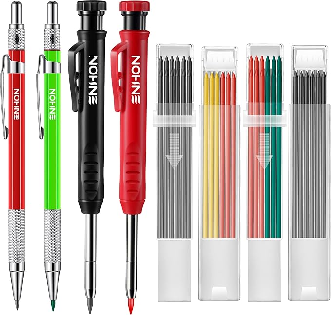 Enhon 4 Pack Carpenter Pencil Set with Sharpener, Green/Red/Black/Yellow | 45mm Deep-Reach Tip, 36 Refill Leads, 2mm & 2.8mm Lead Sizes, Durable Construction, Pocket Clip, Multi-Surface Drawing
