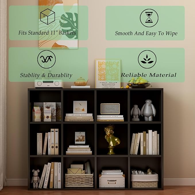 OSCHF 12-Cube Storage Shelf Bookcase - Wooden 3-Tier Floor Standing Open Bookshelf for Home and Office, Display Cabinet, Black