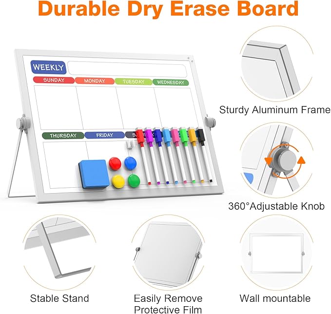 Desktop Weekly Whiteboard 16x12 Stand, Double Sided Dry Erase Board | Portable with Handle, Foldable Aluminum Stand, 360° Angle, 8 Markers 4 Magnets 1 Eraser, Smooth Magnetic Surface