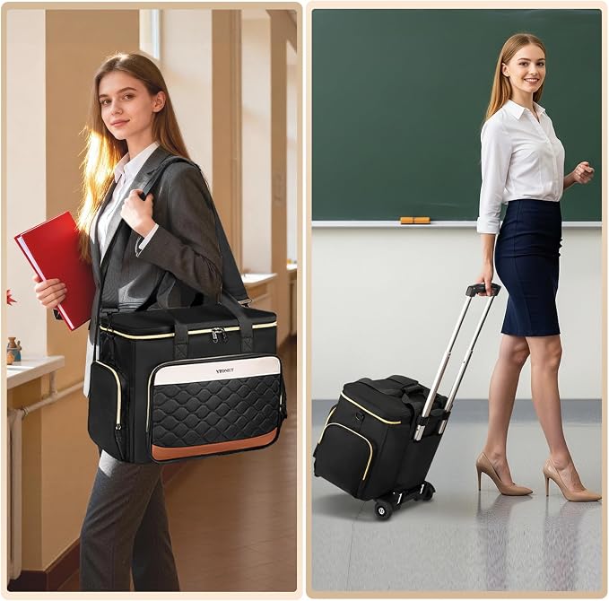 Ytonet Rolling Teacher Bag with Wheels, 15.6" Rolling Cart for Teachers | with Insulated Lunch Box & Detachable Dolly, Rolling Laptop Bag for Women, Large Roller Briefcase for Women for Work