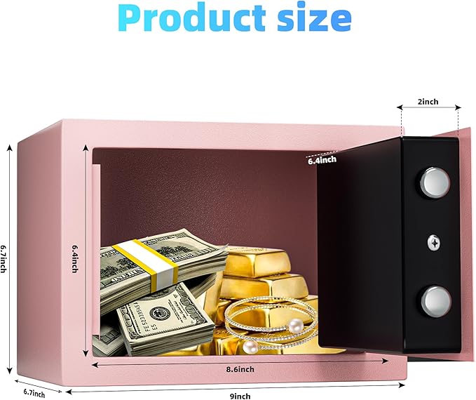 Digital Electronic Money Safe, Steel Security Lock Box with Keypad, Office Hotel Business Jewelry Gun Cash Safe, 0.23 Cubic Feet, 9.06" W x 6.69" D x 6.69" H（pink）