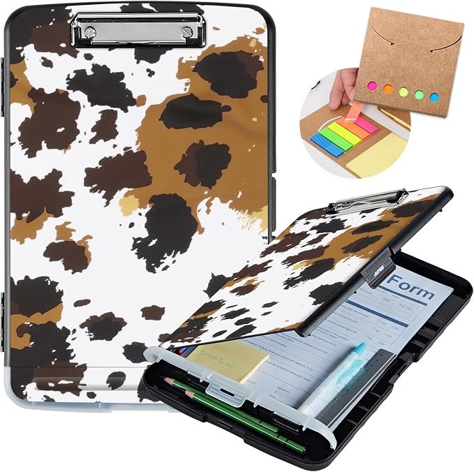 Clipboard with Storage,Storage Clipboard with Pen Holder,Heavy Duty Plastic Storage Clipboard with Low Profile Clip,Teacher Must Haves,Clipboard Folder,Office Supplies,Cow Leopard -1340