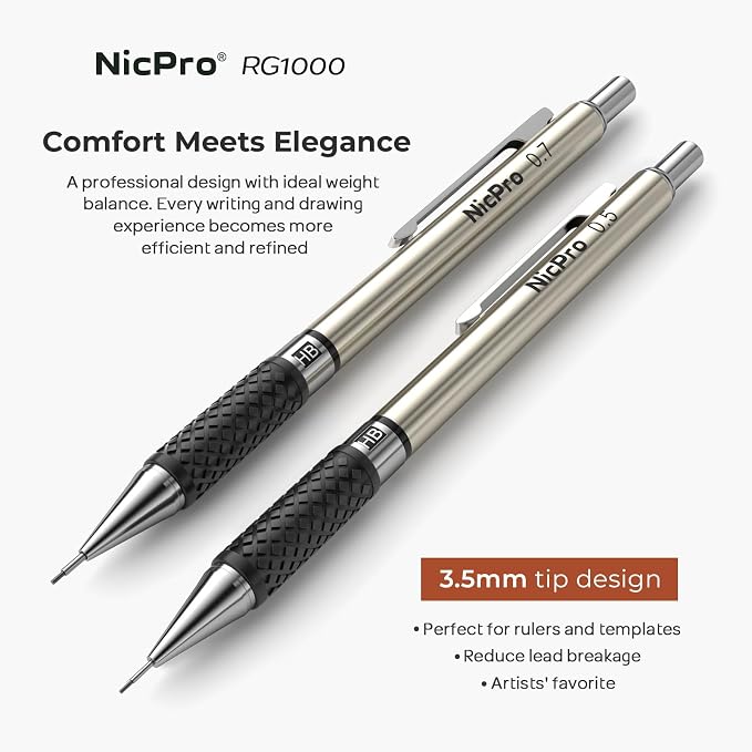 Nicpro Art Mechanical Pencil Set in Case, 4 PCS Metal Drafting Pencil | Metal Drafting Pencil Lead Pencil+6 Tube Lead Refills, Eraser, Comfort Grip For for School Writing, Artist Drawing Sketching
