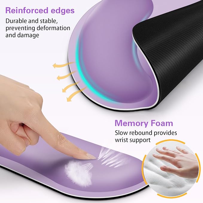 Mouse Pad with Wrist Rest Set, 3-in-1 Wrist Support Mousepad | Gaming Mat Pad with Anti-Skid Base,Ergonomic Mouse Pad Purple,Memory Foam Gel Wrist Rest for Computer Keyboard