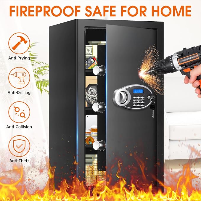 6.2 Cuft Large Fireproof Safe for Home Documents, Digital Security Personal Safety Box with Programmable Keypad, Spare Keys and 3 Removable Shelf, Anti-Theft Fire Safe Box for Money Firearm Medicine