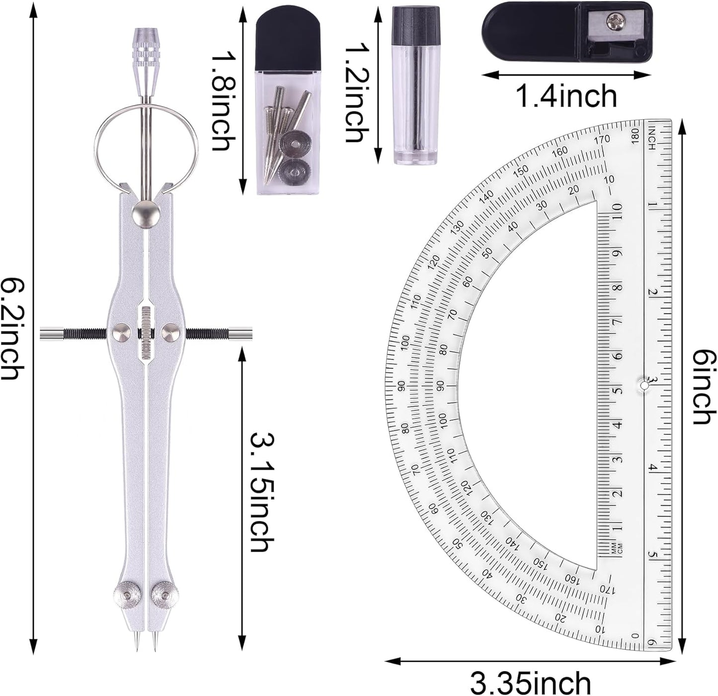 Compass and Protractor Set, Professional Drawing Compass Tool, Metal Compass with Extra Refills, Compass for Geometry and 6 Inch Math Protractors 180 Degree (Black)