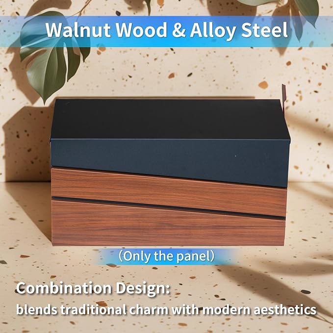 Wall-Mount Mailbox, Wood-Grain Metal Panel, Rust Resistant Large Capacity House Mailbox, Modern Drop Mailboxes for Outside, Metal Post Box with Flag (No Keys Locking)