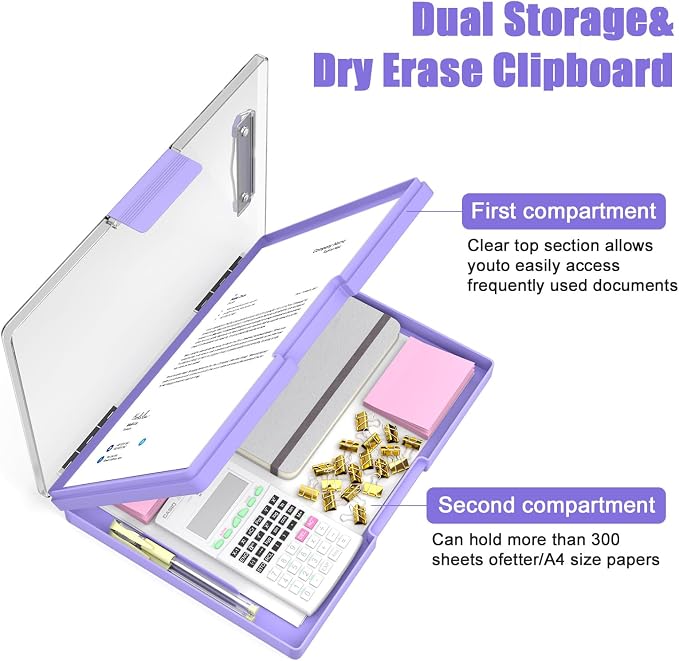 Hongri Clipboard with Storage, Purple 8.5 x 11 Clip Board, Dual Compartmen | Folder Nursing Side Opening, Heavy Duty Organization Box, Smooth Writing for Teachers, Classroom, Size 13.3 x 9.4 x 1.5 in