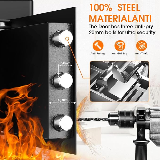 1.3 Cub Small Fireproof Safe for Home, Security Anti-Theft Fire Proof Safe Box with Spare Keys, Programmable Keypad and Alarm System, Digital Fireproof and Waterproof Safes for Document Money Medicine
