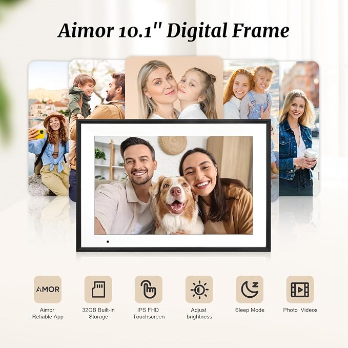 Digital Picture Frame 10.1 Inch Digital Photo Frame 32GB Storage, WiFi Picture Frame with1280x800 IPS Touch Screen, Auto-Rotate Photo Frame Share Your Photos and Videos via AiMOR App, Black
